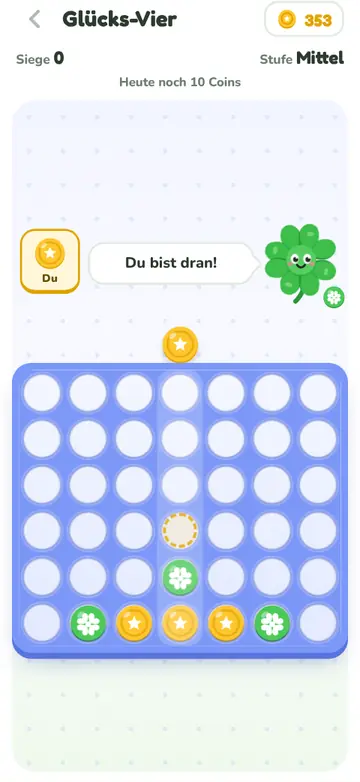 Spiel Glücks-Vier: Goldmünzen und Kleeblätter im blauen Spielbrett, Lucky ist am Zug