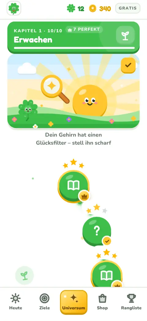 Der Wissensweg in der App: Kapitel 1 „Erwachen“ mit animiertem Kapitelbild und den ersten geschafften Stationen