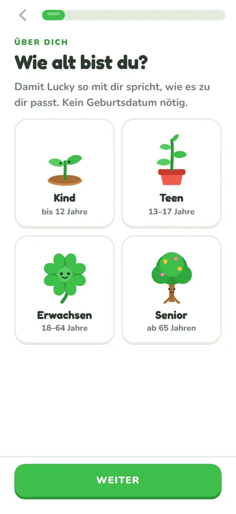 Auswahl der Altersgruppe: Kind, Teen, Erwachsen oder Senior