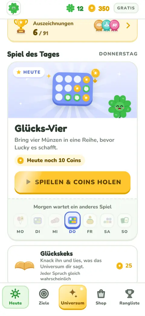 Startseite mit der Karte „Spiel des Tages“: heute Glücks-Vier, dazu die Spiele dieser Woche